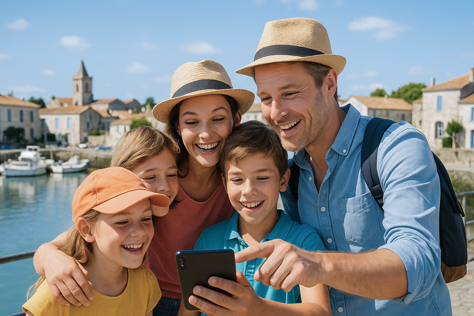 Famille en train de r&eacute;soudre un jeu de piste sur smartphone pendant une visite ludique en Vend&eacute;e