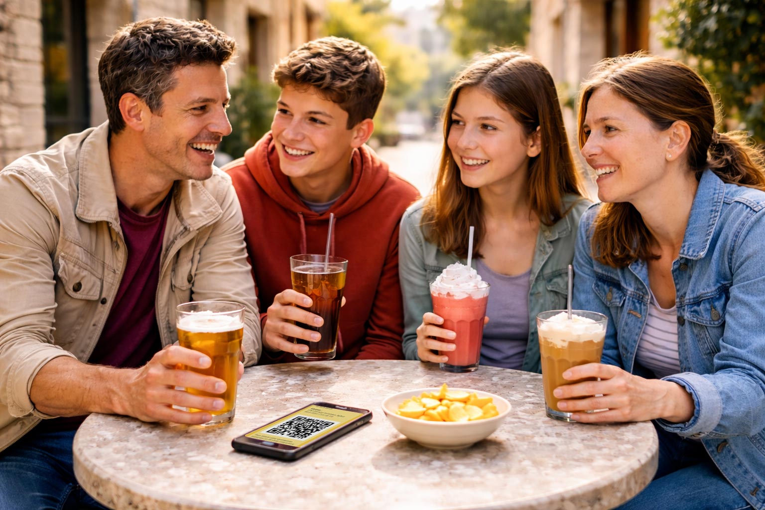 Famille profitant d&rsquo;un verre chez un commer&ccedil;ant partenaire apr&egrave;s un jeu de piste Enigmania en Vend&eacute;e.